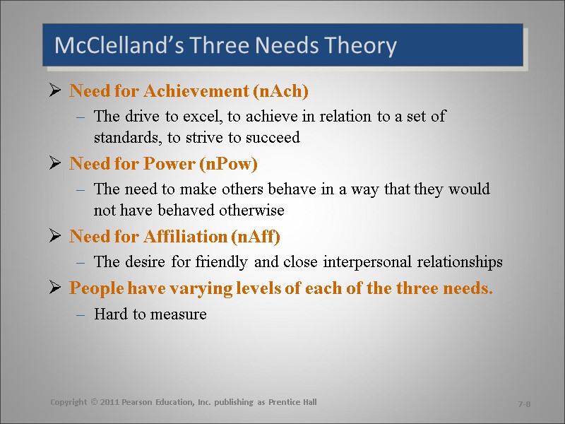 McClelland’s Three Needs Theory Need for Achievement (nAch) The drive to excel, to achieve